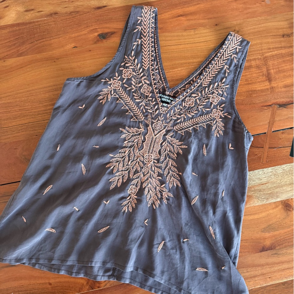 Johnny Was Gray Tank with Pink Embroidery